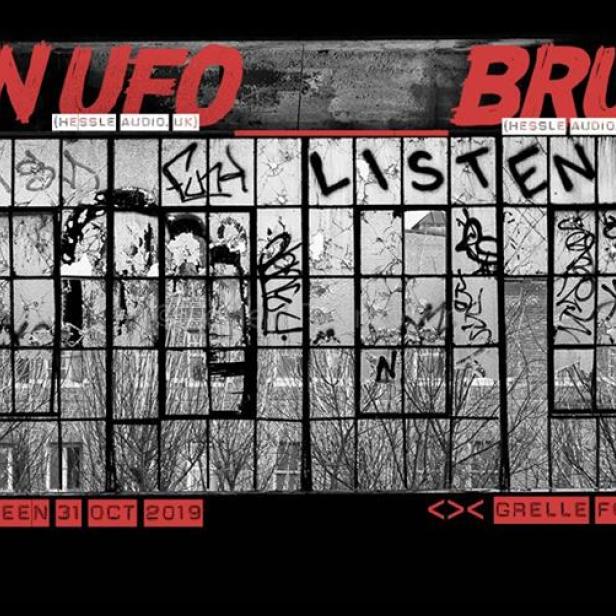 Werbeplakat für eine Halloween-Veranstaltung mit Ben UFO und Bruce in der Grelle Forelle am 31. Oktober 2019.
