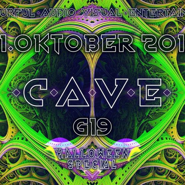 Ein psychedelisches Veranstaltungsplakat für eine „Cave G19 Halloween Special“-Party am 31. Oktober 2019.