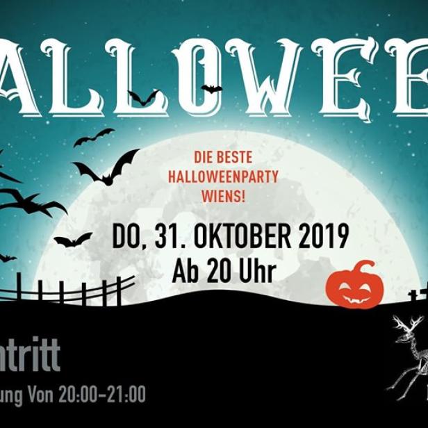 Eine Halloween-Party-Ankündigung mit Kürbissen, Fledermäusen und Friedhofssilhouetten.