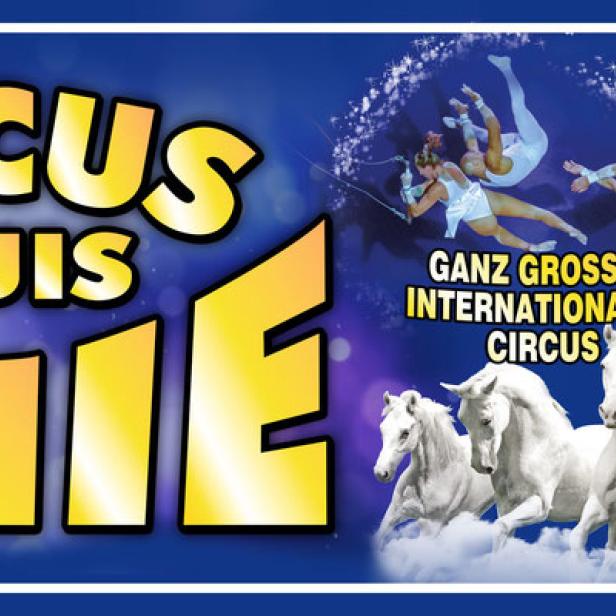 Werbeplakat für den „Circus Louis Knie“ mit Artisten und weißen Pferden.