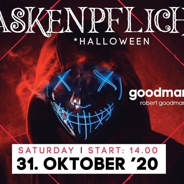 Eine Person mit Kapuze und leuchtender Maske wirbt für eine Halloween-Veranstaltung mit Maskenpflicht.