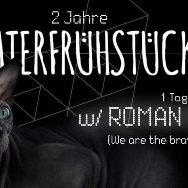 Ein Flyer für „Katerfrühstück“ mit Roman Weber am 31.10. im Flex Pub, mit einer Katze im Vordergrund.