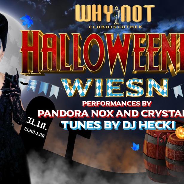 Eine Frau im Halloween-Kostüm vor dem Hintergrund einer „Halloweener Wiesn“-Veranstaltung.