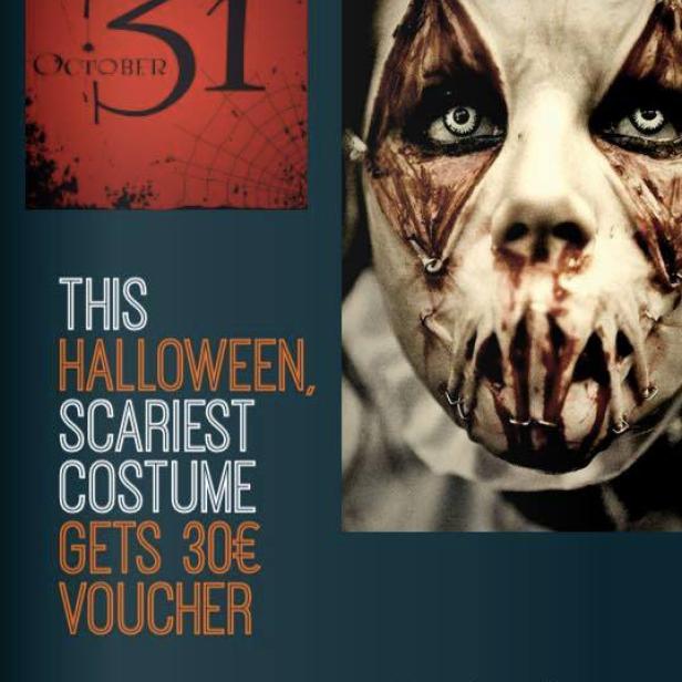 Ein Halloween-Party-Flyer mit dem Gesicht einer gruseligen, vernarbten Person.