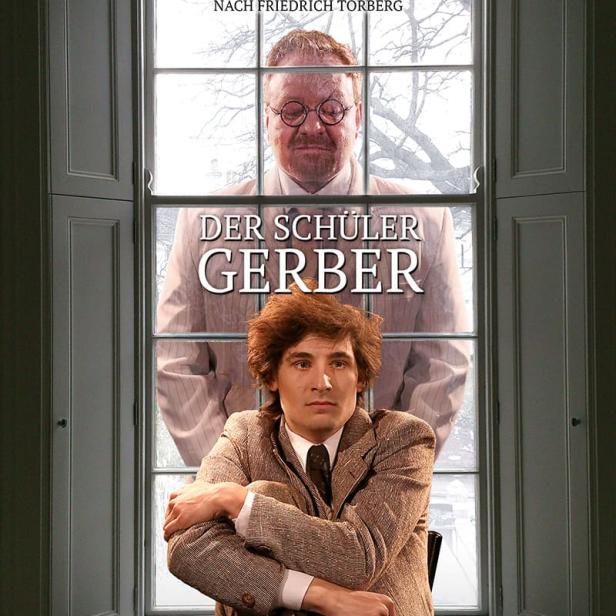 Das Filmplakat für „Der Schüler Gerber“ zeigt zwei Männer vor einem Fenster.