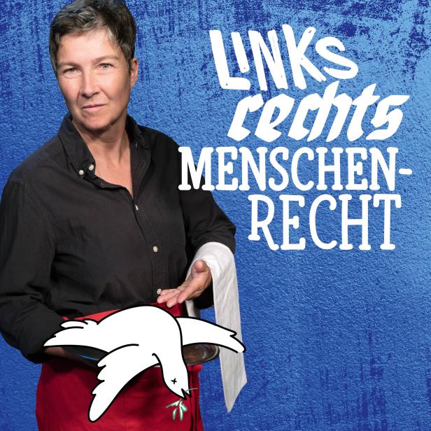 Eine Person hält eine Taube mit Olivenzweig vor einem blauen Hintergrund mit dem Schriftzug „Links rechts Menschenrecht“.