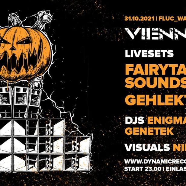Ein Halloween-Party-Flyer mit einem gruseligen Kürbis auf einem Soundsystem.