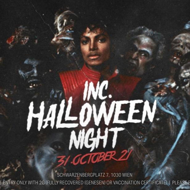 Ein Halloween-Party-Flyer mit Michael Jackson und Zombies im Stil des „Thriller“-Musikvideos.