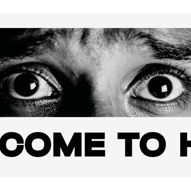 Schwarz-weißes Werbeplakat für die Pratersauna mit dem Slogan „Welcome to Hell“.