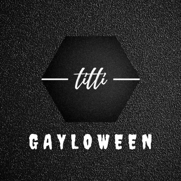 Das Logo für „titti GAYLOWEEN“ auf einem schwarzen Hintergrund mit Textur.