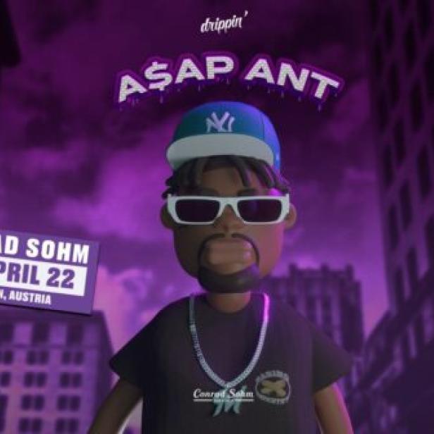 Ein 3D-gerendertes Bild von A$AP Ant vor einem violetten Stadtbild für einen Auftritt in Dornbirn, Österreich.