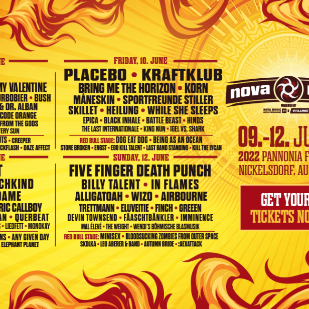 Festivalplakat für Nova Rock 2022 mit den Headlinern Muse, Placebo, Volbeat und Five Finger Death Punch.