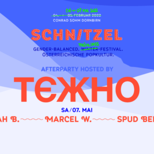 Ein Veranstaltungsplakat für das „Schnitzel“ Frühlingsfestival in Dornbirn mit Afterparty von ТЕЖНО.