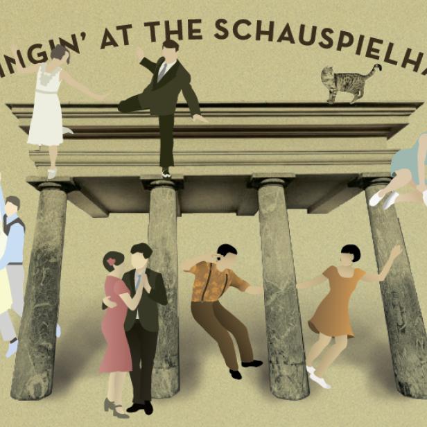 Eine stilisierte Illustration von tanzenden Menschen vor dem Schauspielhaus, Ankündigung für „Swingin' at the Schauspielhaus“.