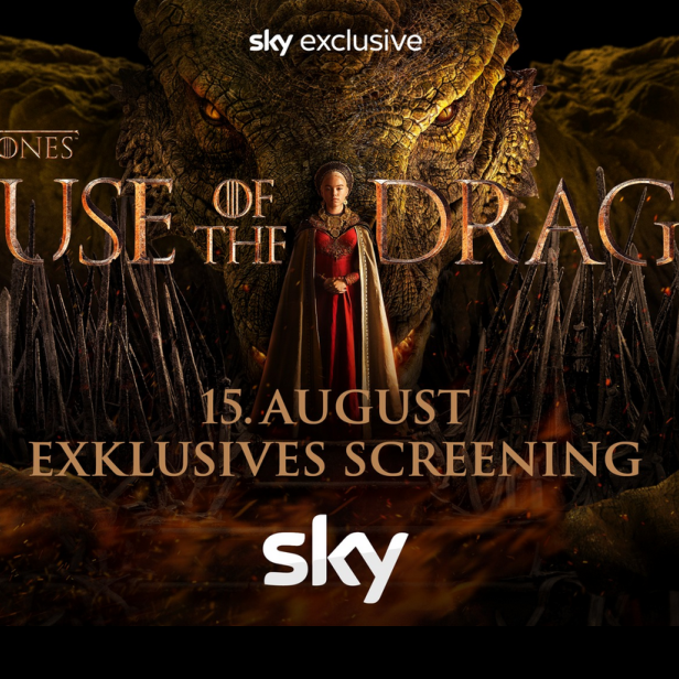 Eine Frau steht vor einem Drachen im Werbeplakat für „House of the Dragon“.