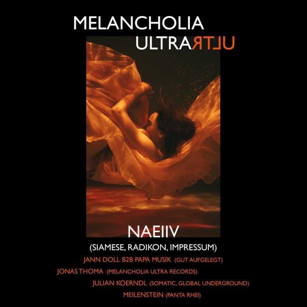 Ein Paar umarmt sich unter Wasser, gehüllt in ein orangefarbenes Tuch, für die „Melancholia Ultra“ Party.