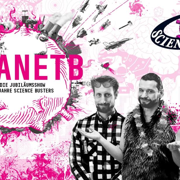 Werbeplakat für „Planet B – Die Jubiläumsshow: 15 Jahre Science Busters“ mit drei Männern im Vordergrund.