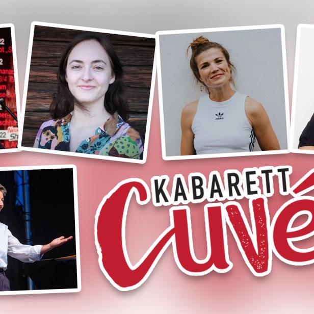 Collage mit Porträts von Viktor Gernot, Caroline Athanasiadis und anderen Künstlern für „Kabarett Cuvée“.