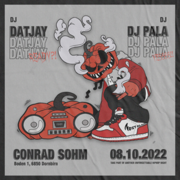 Ein Halloween-Party-Flyer mit DJs, einem Kürbis-Radio und dem Datum 08.10.2022.