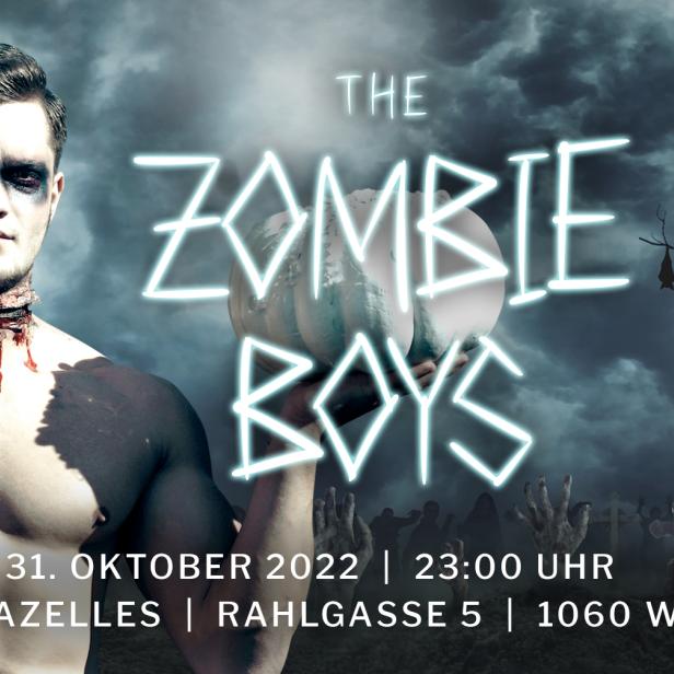 Ein Mann mit Zombie-Make-up posiert für die „Zombie Boys“-Veranstaltung am 31. Oktober 2022 in Wien.