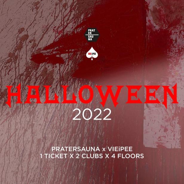 Ein Halloween-Partyplakat für 2022 mit rotem Text und Blutspritzern im Hintergrund.