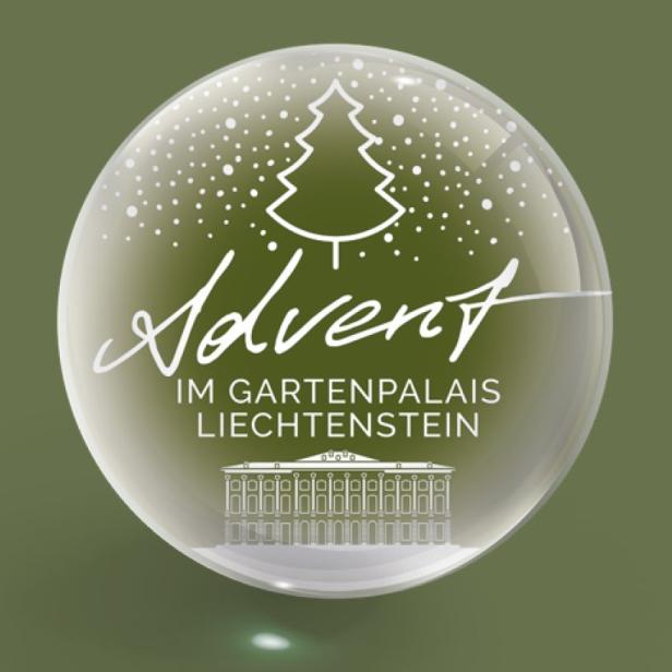 Eine Schneekugel mit dem Schriftzug „Advent im Gartenpalais Liechtenstein“.
