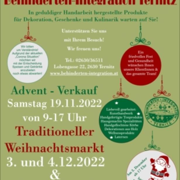Einladung zum stimmungsvollen Weihnachtsmarkt der Behinderten-Integration Ternitz am 3., 4. und 8. Dezember 2022.