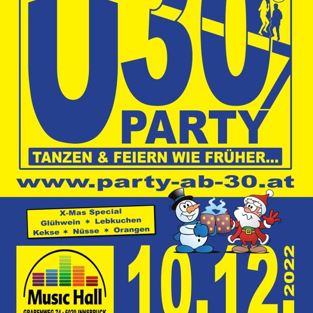 Werbeplakat für eine Ü30-Party am 10. Dezember mit weihnachtlichem Special in der Music Hall Innsbruck.