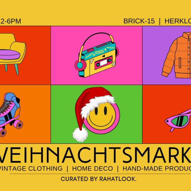 Collage mit Illustrationen für einen Weihnachtsmarkt mit Vintage-Kleidung und Dekoartikeln.