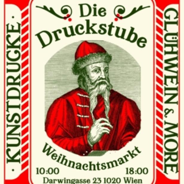 Ein Plakat kündigt den Weihnachtsmarkt „Die Druckstube“ am 17.12.2023 in der Darwingasse 23, 1020 Wien an.