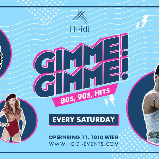 Werbung für eine Party mit Musik der 80er und 90er Jahre mit Michael Jackson, Freddie Mercury und Madonna.