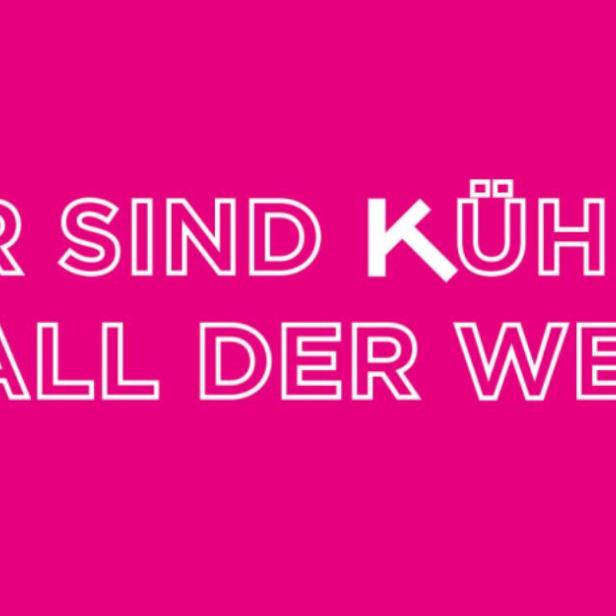 Der Slogan „Wir sind Kühe im Stall der Welt“ auf pinkfarbenem Hintergrund.
