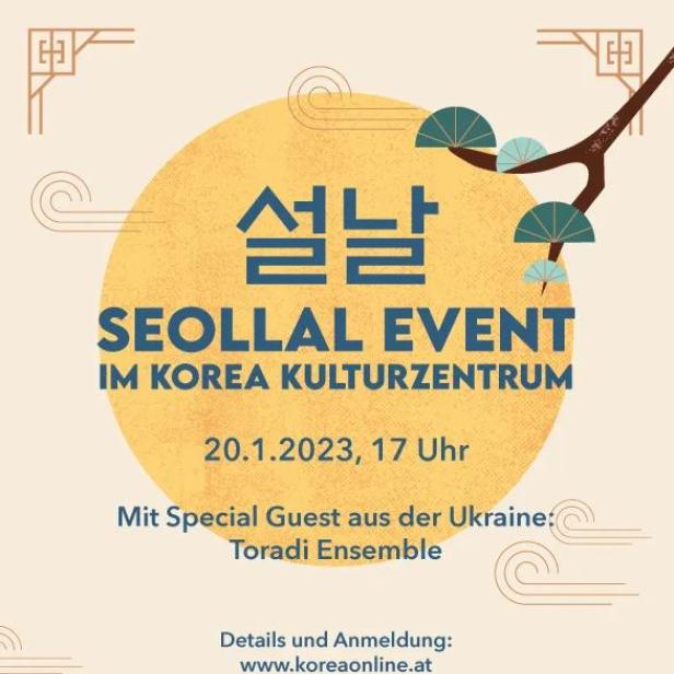 Werbeplakat für ein Seollal-Event am 20. Januar 2023 im Korea Kulturzentrum mit dem Toradi Ensemble als Gast.