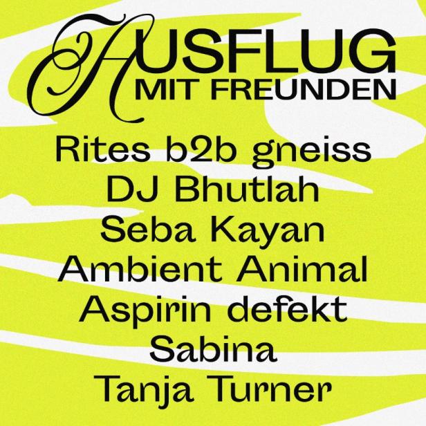 Gelbes und weißes Veranstaltungsplakat für „Ausflug mit Freunden“ am 13.01.2023 mit verschiedenen DJs.