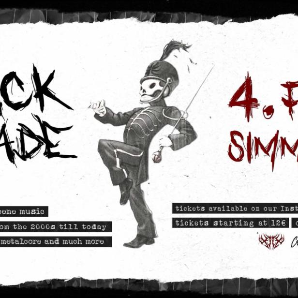 Ein Werbeplakat für „Black Parade“ am 4. Februar in der Simm City mit einer skelettartigen Figur in Paradeuniform.