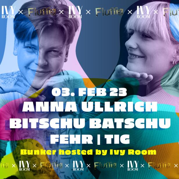 Werbeplakat für eine Party mit Anna Ullrich, Bitschu Batsu und Fehr | Tig im Pratersauna.