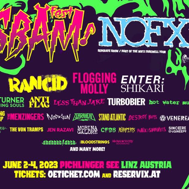 Ein Festivalplakat mit den Bands NOFX, Rancid, Flogging Molly und vielen anderen in Linz, Österreich.