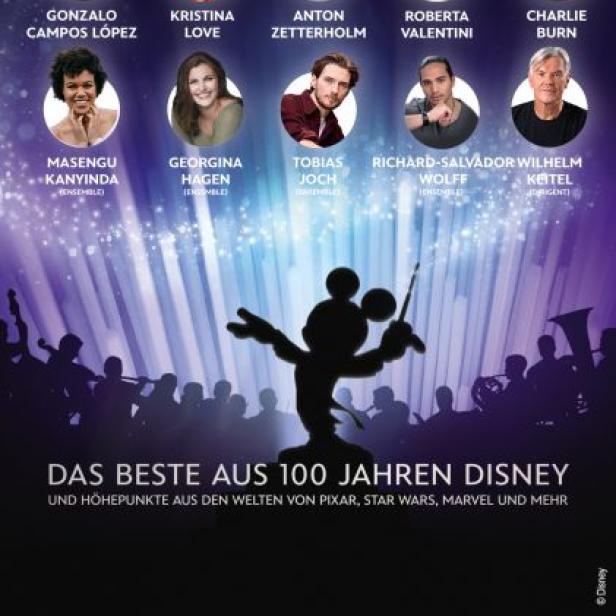 Das Poster für „Disney 100: The Concert“ zeigt die Namen der Künstler und Moderatoren.