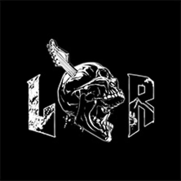 Ein Totenkopf mit einer Gitarre, umgeben von den Buchstaben L, O und R.