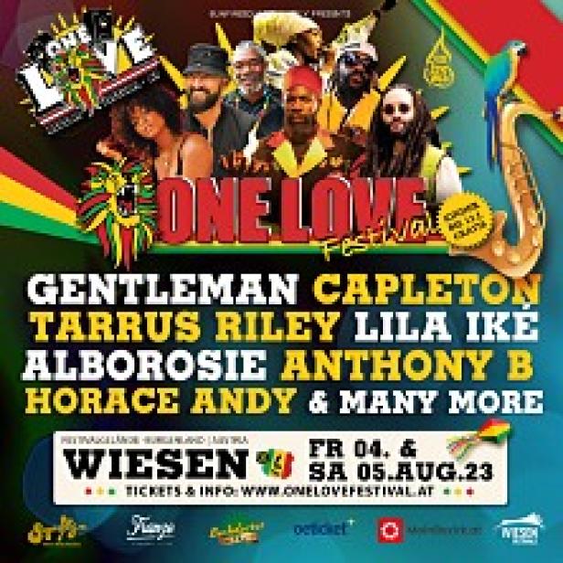 Ein Festivalplakat für das One Love Festival mit Gentleman, Capleton und anderen Künstlern in Wiesen, Österreich.