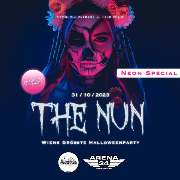 Werbeplakat für „The Nun“, Wiens größte Halloweenparty am 31.10.2023.