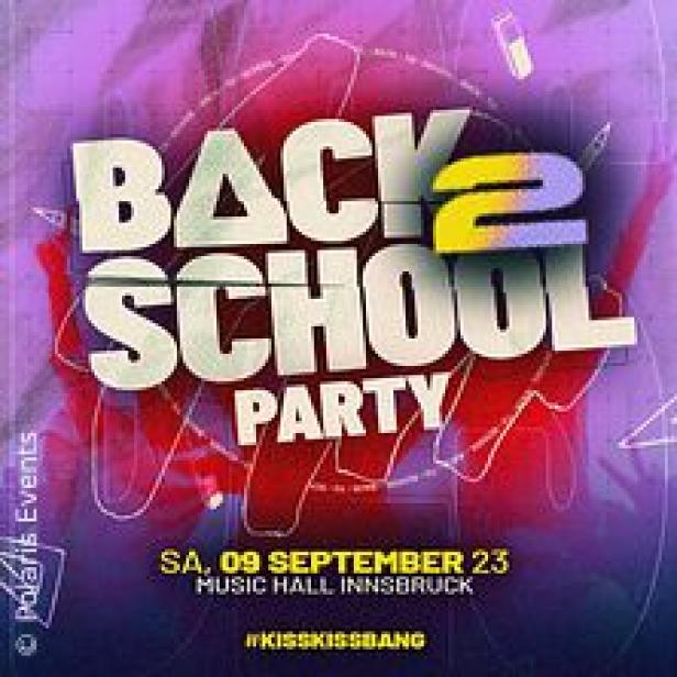 Ein Werbeplakat für eine „Back 2 School Party“ in der Music Hall Innsbruck am 9. September 2023.