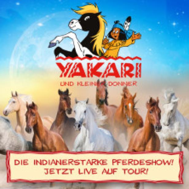 Ein Werbeplakat für die „Yakari“-Pferdeshow mit Yakari, Klein Donner und einer Herde Pferde.