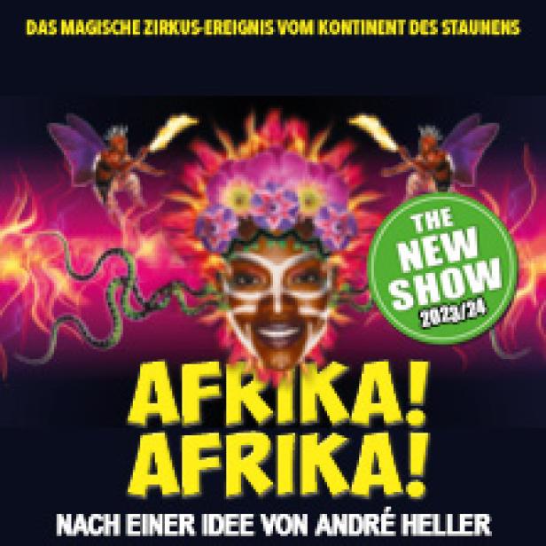 Ein Werbeplakat für die Zirkusshow „Afrika! Afrika!“ mit einem farbenfrohen, afrikanisch inspirierten Gesicht im Zentrum.