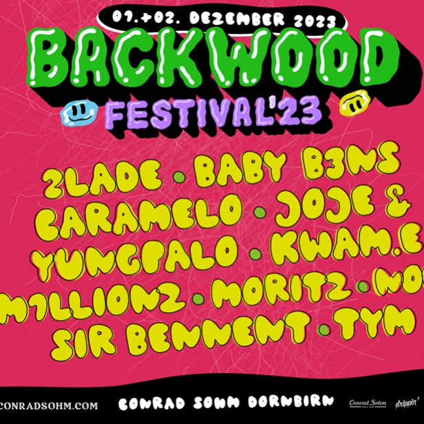 Ein Festivalplakat für das Backwood Festival am 1. und 2. Dezember 2023 mit den Namen der auftretenden Künstler.