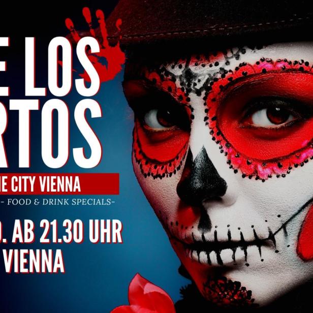 Ein Plakat für eine „Dia de los Muertos“-Party im Jaz in the City Vienna mit einer Frau im Gesichtsbemalung.