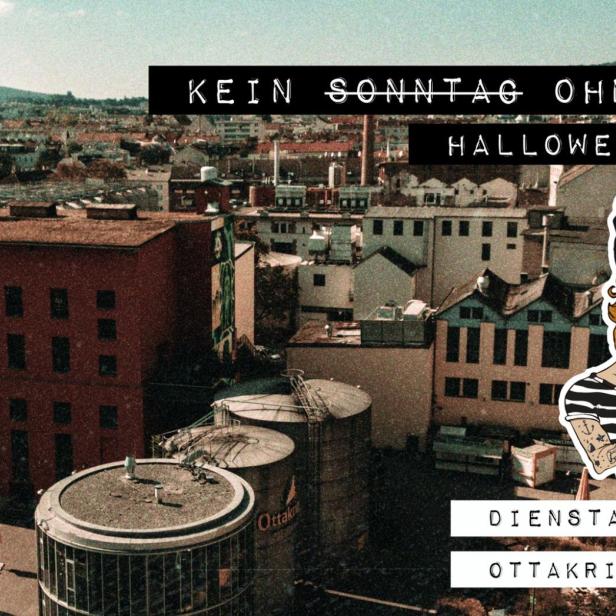 Werbeplakat für ein Halloween-Special „Kein Sonntag ohne Techno“ in der Ottakringer Brauerei.
