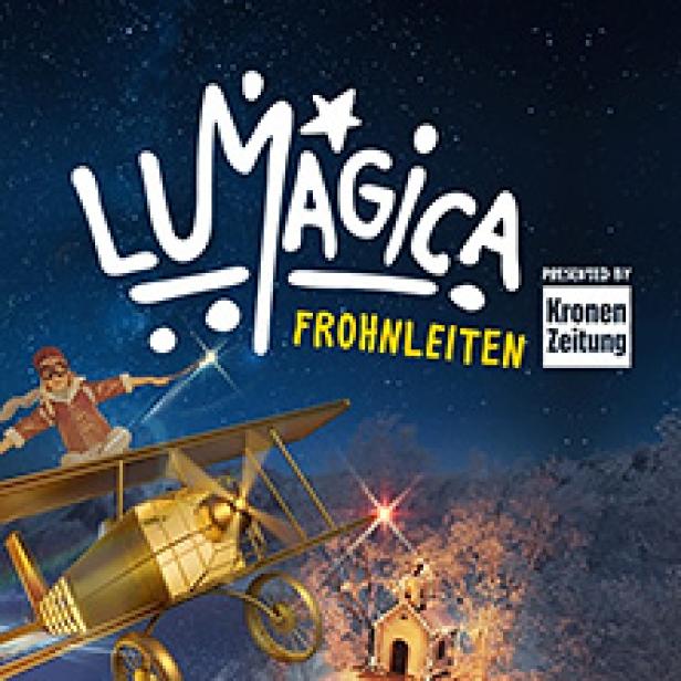 Ein Werbeplakat für „Lumagica Frohnleiten“ mit einem Jungen in einem goldenen Flugzeug.