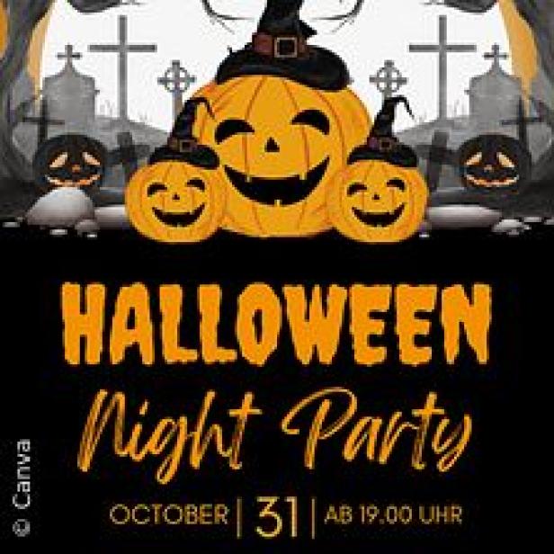 Eine Halloween-Party-Ankündigung mit Kürbissen, Grabsteinen und dem Text „Halloween Night Party, 31. Oktober ab 19.00 Uhr“.