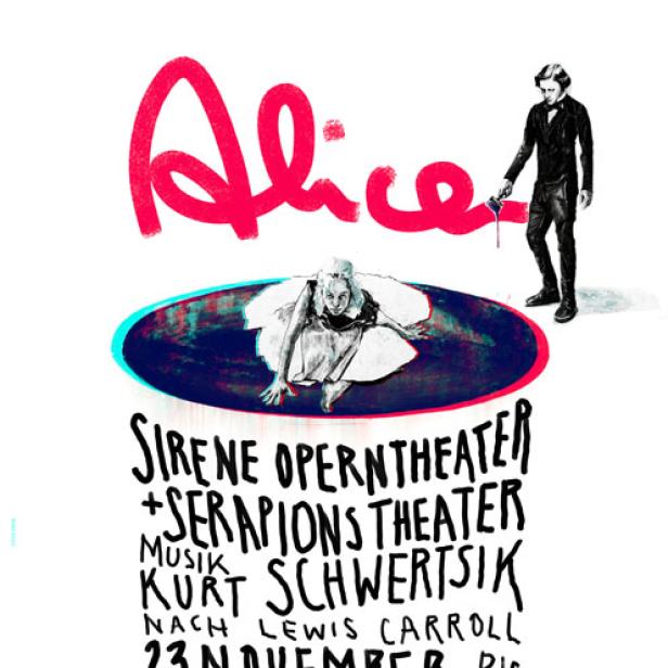 Ein Theaterplakat für „Alice“ von Sirene Operntheater und Serapions Theater im Odeon Theater.